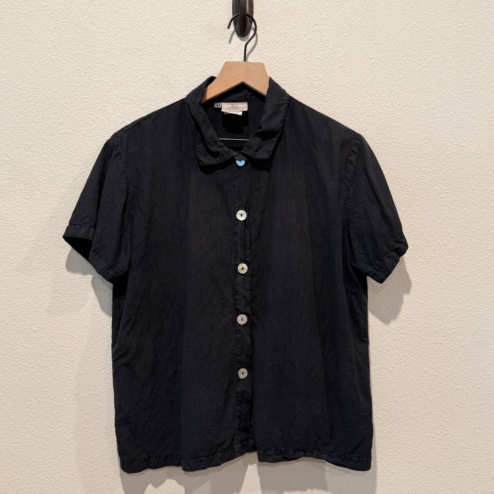 HOT COTTON Women Shirt M Black Linen Blend Short Sleeve Minimalist Coastal Boho